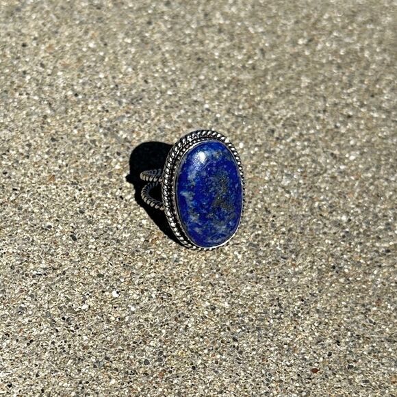 NEW Blue Lapis Lazuli Gemstone Chunky Oval Ring w/ Twist Rope Silver Band Sz 9 - Picture 11 of 15